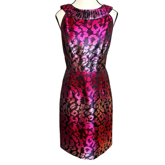 Madison Pleated Collar Pink Purple Animal Print sheath Dress Halter Size 12 NWOT - Picture 1 of 8